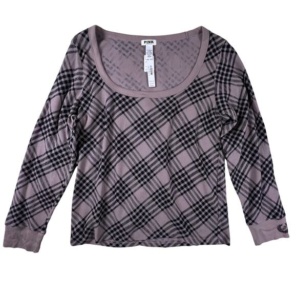 Y2K PINK Victoria’s Secret Plaid Thermal Top 2XL | Mauve Black Lounge Crest NWT - Picture 3 of 13